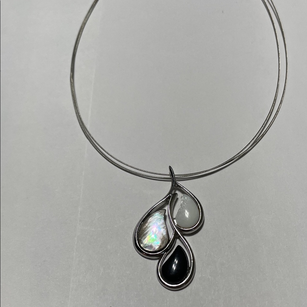 Lia Sophia Silver Three-Drop Necklace with Iridescent, White, and Black Stones